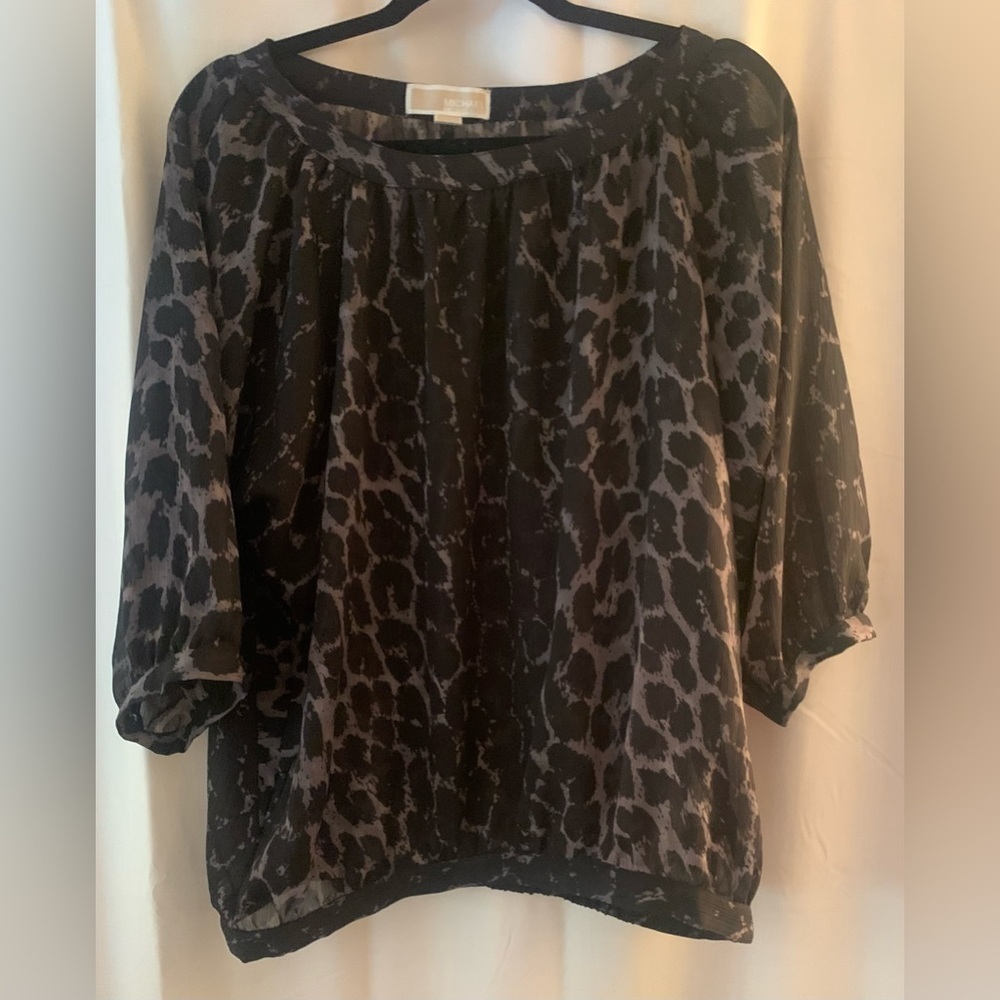 Michael Kors Women’s Sheer Black/Gray Blouse Gather Band Waist & Cuffs; Size M